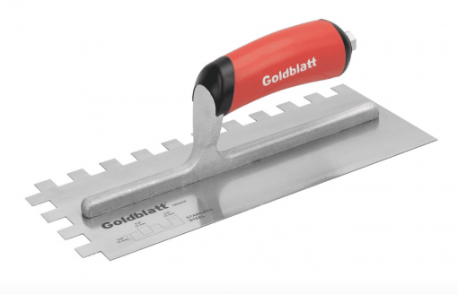 G02416 GOLDBLATT STAINLESS STEEL NOTCH TROWEL 11X4Â½IN (Â½XÂ½IN SQ NOTCH) RED HANDLE