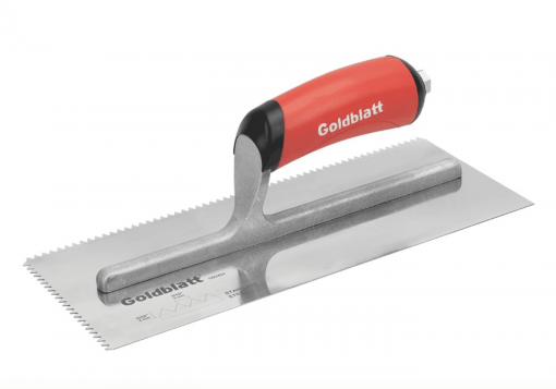 G02423 GOLDBLATT STAINLESS STEEL NOTCH TROWEL 11X4Â½IN (3/16X5/32 V-NOTCH) RED HANDLE