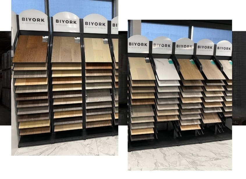Image depicts shelves of products in a hardwood store Mississauga.