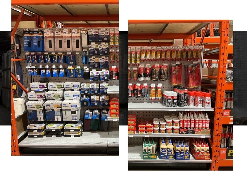 Image depicts shelves of products in a hardware store Mississauga.