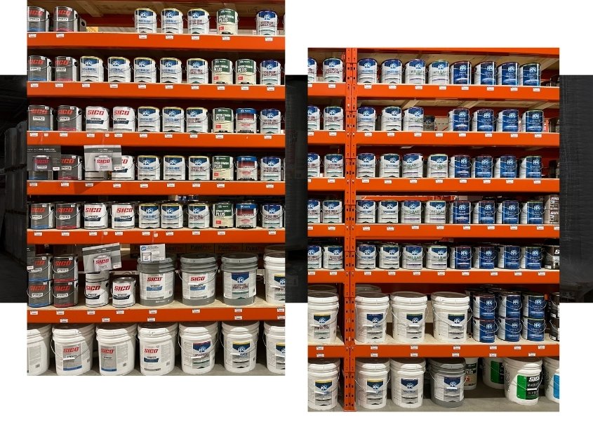 Image depicts shelves of paint products in a paint store Mississauga.