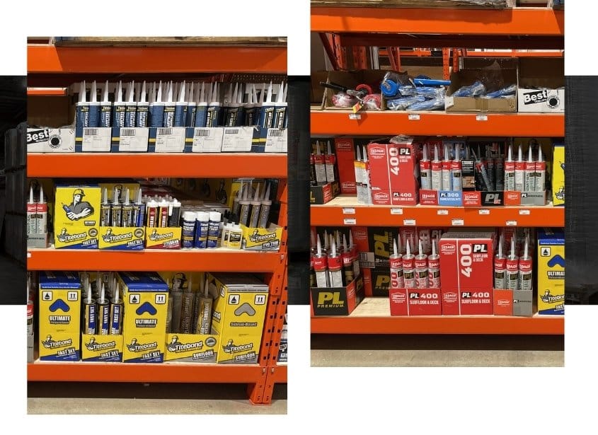 Image depicts a shelf of products from a hardware store in Toronto.