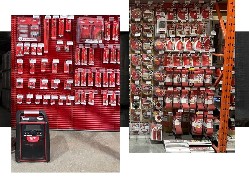 Image depicts a shelf of electrical supplies in a Toronto store.