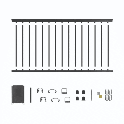 NUVO IRON BLSARK642D Black, square picket, 6' long x 42'' high aluminum railing section.  Comes with top & bottom rail, 4 mounting brackets, screws and 15 balusters