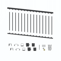 NUVO IRON BLSARK636S Black, square picket, 6' long x 36'' high aluminum railing section for stairs.  Comes with top & bottom rail, 4 mounting brackets, screws and 15 balusters.  Capable of adjusting from 0 to 38 degrees