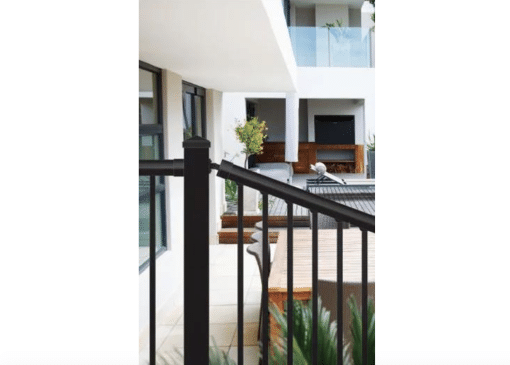 NUVO IRON BLSARK836S Black, square picket, 8' long x 36'' high aluminum railing section for stairs. Comes with top & bottom rail, 4 mounting brackets, screws and 20 balusters. Capable of adjusting from 0 to 38 degrees