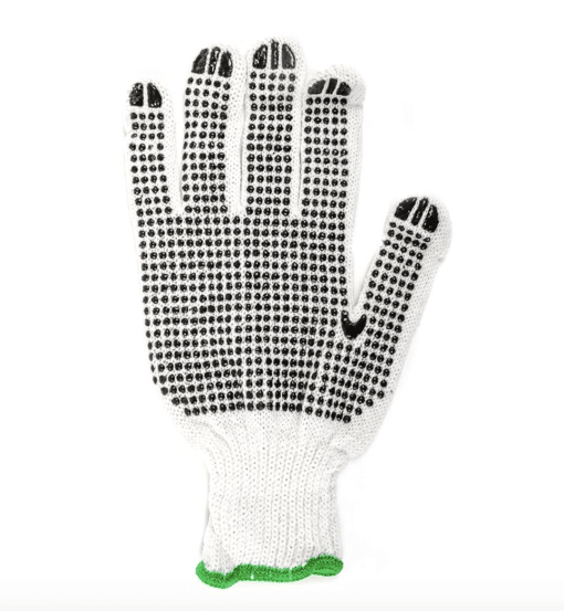 105530 1DZ. KNITTED POLY/COTTON GLOVES WHITE WITH BLACK PVC DOTS (L)