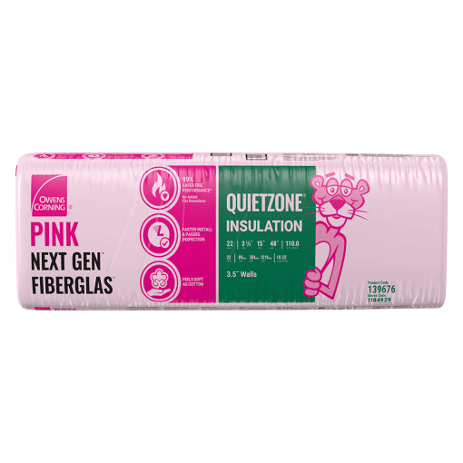 OWENS CORNING QUIETZONE 2X4 WOOD STUD 15 INCH EcoTouch PINK FIBERGLAS Acoustic Insulation 15-inch x 48-inch x 3.5-inch (110.0 sq.ft.)
