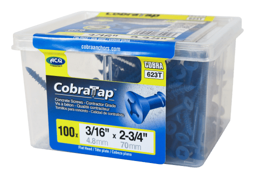 COBRA 623T CONCRETE SCREWS  FLAT HEAD 3/16'' X 2 3/4'' + DRILL BIT  (100)