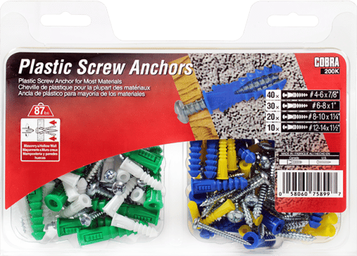 COBRA 200K PLASTIC ANCHORS  + SCREWS #4-6, #6-8, #8-10, #12-14 (200) (SO)