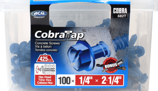 COBRA 682T CONCRETE SCREWS HEX HEAD 1/4'' X 2 1/4'' + DRILL BIT (100)