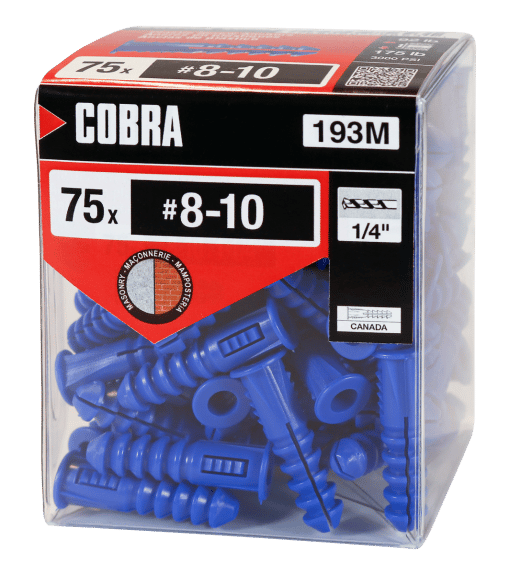 COBRA 193M PLASTIC ANCHORS  + SCREWS #10-12X1-1/4'' NO SCREWS (75)