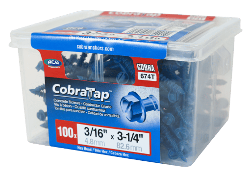 COBRA 674T CONCRETE SCREWS  HEX HEAD 3/16'' X 3 1/4'' + DRILL BIT  (100)