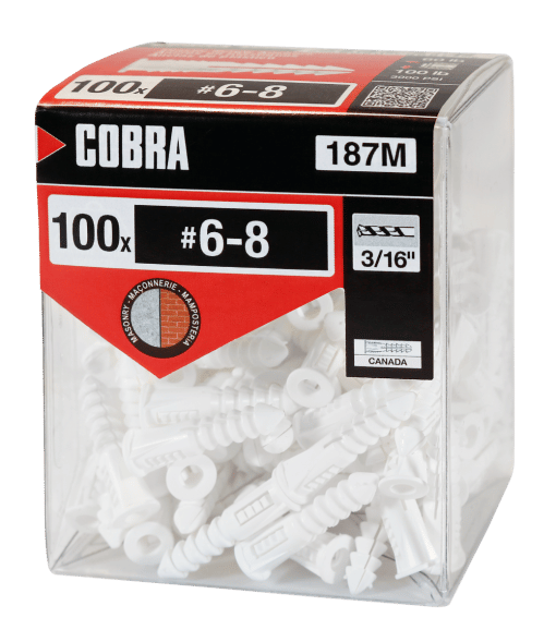 COBRA 187M PLASTIC ANCHORS  + SCREWS #6-8X1'' NO SCREWS (100)