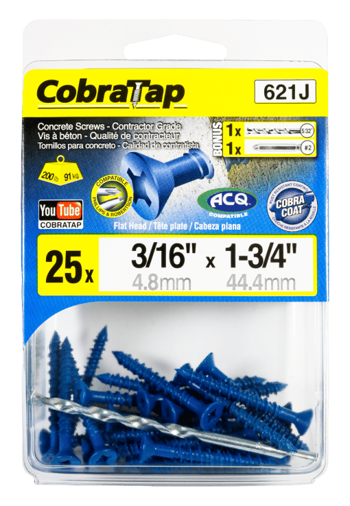 COBRA 621J CONCRETE SCREWS  FLAT HEAD 3/16'' X 1 3/4'' + DRILL BIT  + DRIVER 2 X 2'' (25)