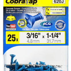 COBRA 620J CONCRETE SCREWS  FLAT HEAD 3/16'' X 1-1/4'' + DRILL BIT  + DRIVER (25)