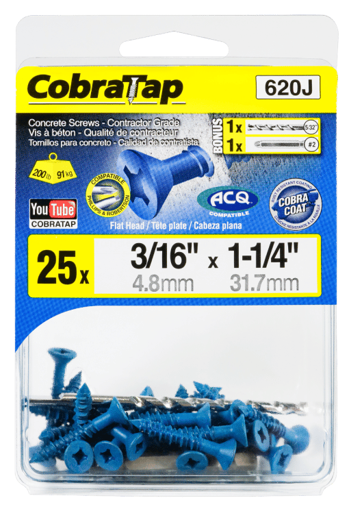 COBRA 620J CONCRETE SCREWS  FLAT HEAD 3/16'' X 1-1/4'' + DRILL BIT  + DRIVER (25)