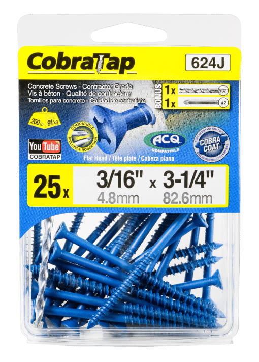 COBRA 624J CONCRETE SCREWS  FLAT HEAD 3/16'' X 3 1/4'' + DRILL BIT + DRIVER 2 X 2'' (25)