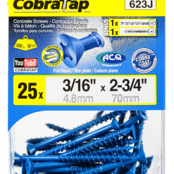 COBRA 623J CONCRETE SCREWS  FLAT HEAD 3/16'' X 2 3/4'' + DRILL BIT  + DRIVER 2 X 2'' (25)