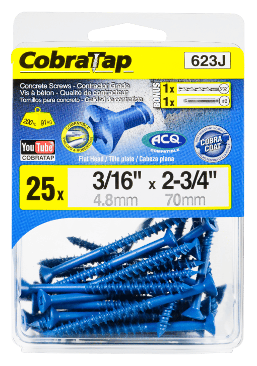 COBRA 623J CONCRETE SCREWS FLAT HEAD 3/16'' X 2 3/4'' + DRILL BIT + DRIVER 2 X 2'' (25)