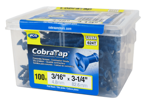 COBRA 624T CONCRETE SCREWS  FLAT HEAD 3/16'' X 3 1/4'' + DRILL BIT  (100)