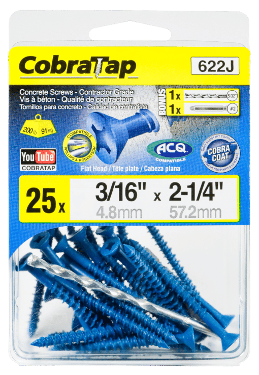 COBRA 622J CONCRETE SCREWS  FLAT HEAD 3/16'' X 2 1/4'' + DRILL BIT  + DRIVER 2 X 2'' (25)