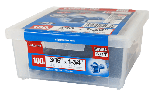 COBRA 671T CONCRETE SCREWS  HEX HEAD 3/16'' X 1 3/4'' + DRILL BIT  (100)