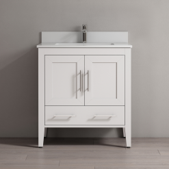 SHERWOOD SOLID WOOD VANITY SW-23-30-W MATTE WHITE CABINET WITH CALACATTA QUARTZ TOP 30IN (W) X 22IN (D) X 33IN (H)