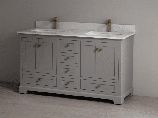 SHERWOOD SOLID WOOD VANITY SW-26-60-CG CASHMERE GREY CABINET WITH CALACATTA QUARTZ TOP 60IN (W) X 22IN (D) X 35IN (H)