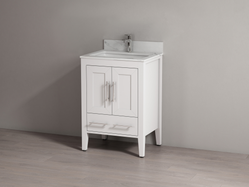 SHERWOOD SOLID WOOD VANITY SW-23-24-W MATTE WHITE CABINET WITH CALACATTA QUARTZ TOP 24IN (W) X 22IN (D) X 33IN (H)