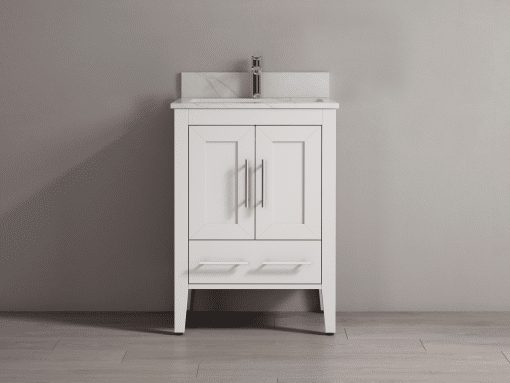 SHERWOOD SOLID WOOD VANITY SW-23-24-W MATTE WHITE CABINET WITH CALACATTA QUARTZ TOP 24IN (W) X 22IN (D) X 33IN (H)