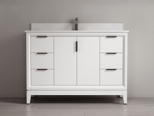 SHERWOOD SOLID WOOD VANITY SW-25-48-W MATTE WHITE CABINET WITH WHITE QUARTZ TOP 48IN (W) X 22IN (D) X 35IN (H)
