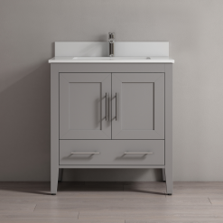SHERWOOD SOLID WOOD VANITY SW-23-30-CG CASHMERE GREY CABINET WITH WHITE QUARTZ TOP 30IN (W) X 22IN (D) X 33IN (H)