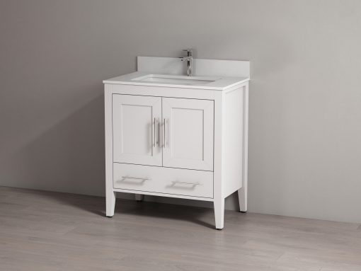 SHERWOOD SOLID WOOD VANITY SW-23-30-W MATTE WHITE CABINET WITH CALACATTA QUARTZ TOP 30IN (W) X 22IN (D) X 33IN (H)