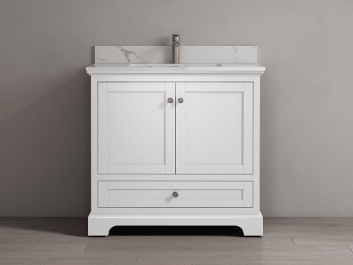 SHERWOOD SOLID WOOD VANITY SW-26-36-W MATTE WHITE CABINET WITH CALACATTA QUARTZ TOP 36IN (W) X 22IN (D) X 35IN (H)