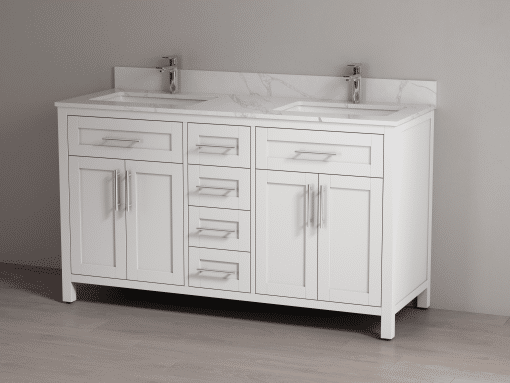 SHERWOOD SOLID WOOD VANITY SW-15-60-W MATTE WHITE CABINET WITH CALACATTA QUARTZ TOP 60IN (W) X 22IN (D) X 35IN (H)
