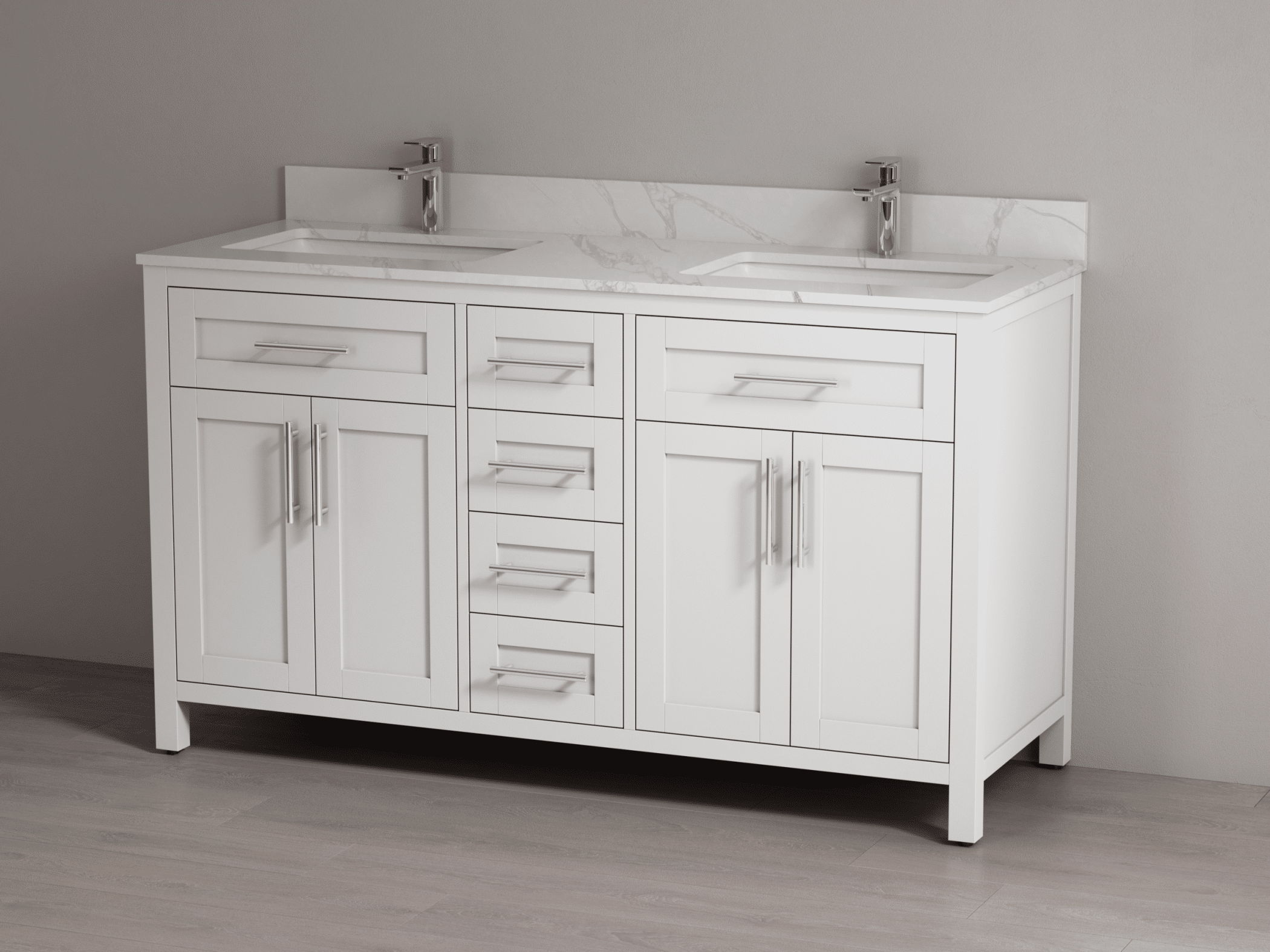 SHERWOOD SOLID WOOD VANITY SW-15-60-W MATTE WHITE CABINET WITH CALACATTA  QUARTZ TOP 60IN (W) X 22IN (D) X 35IN (H) ☑️ Mississauga, Toronto & Ottawa