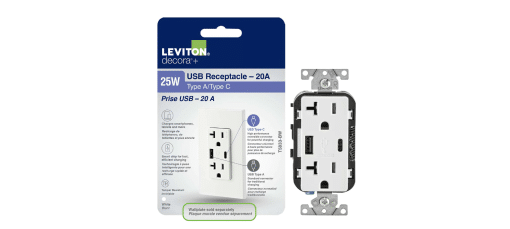 LEVITON T5833-742 USB 20A RECEPTACLE 1 TYPE-A & 1 TYPE-C WHITE